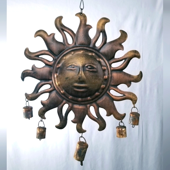 Sun Face Wind Chime Garden Art Copper Metal Work Rustic Whimsical - Picture 3 of 9